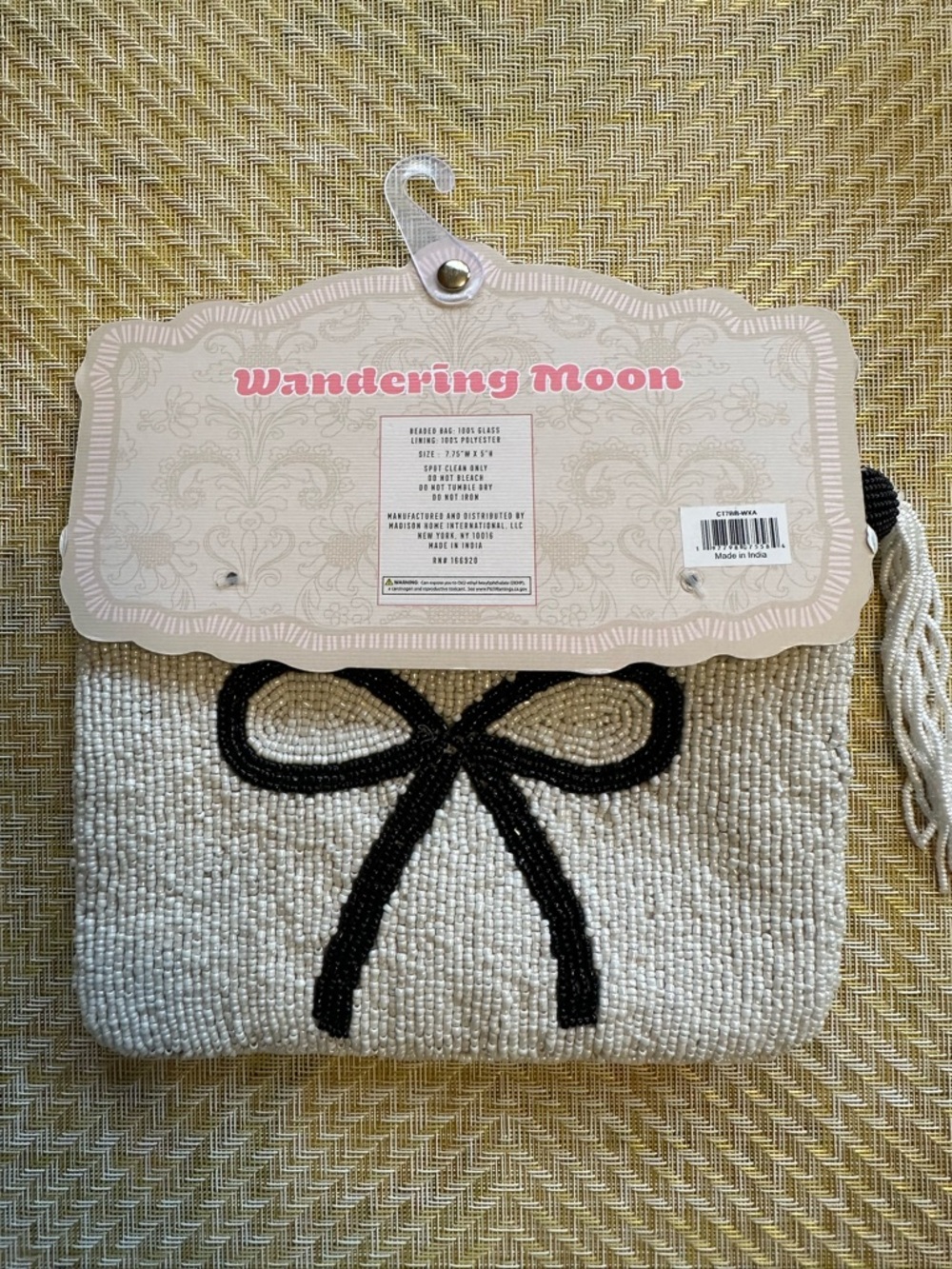 Handmade India Beaded Cosmetic Pouch in White with Black Bow Detail - Picture 2 of 4